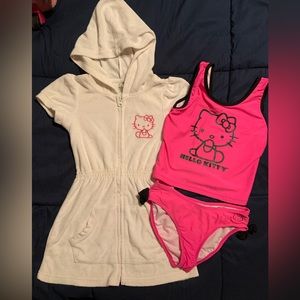 3 Piece Girls Hello Kitty Swimsuit Tankini Set with Matching Robe sz 6x